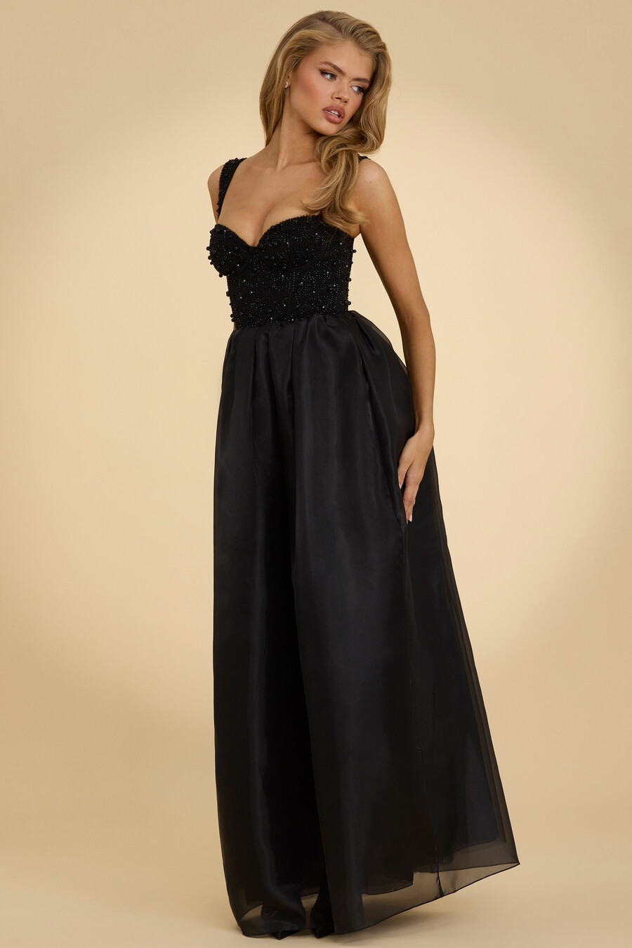 maxi-jurk van organza met korset in zwart