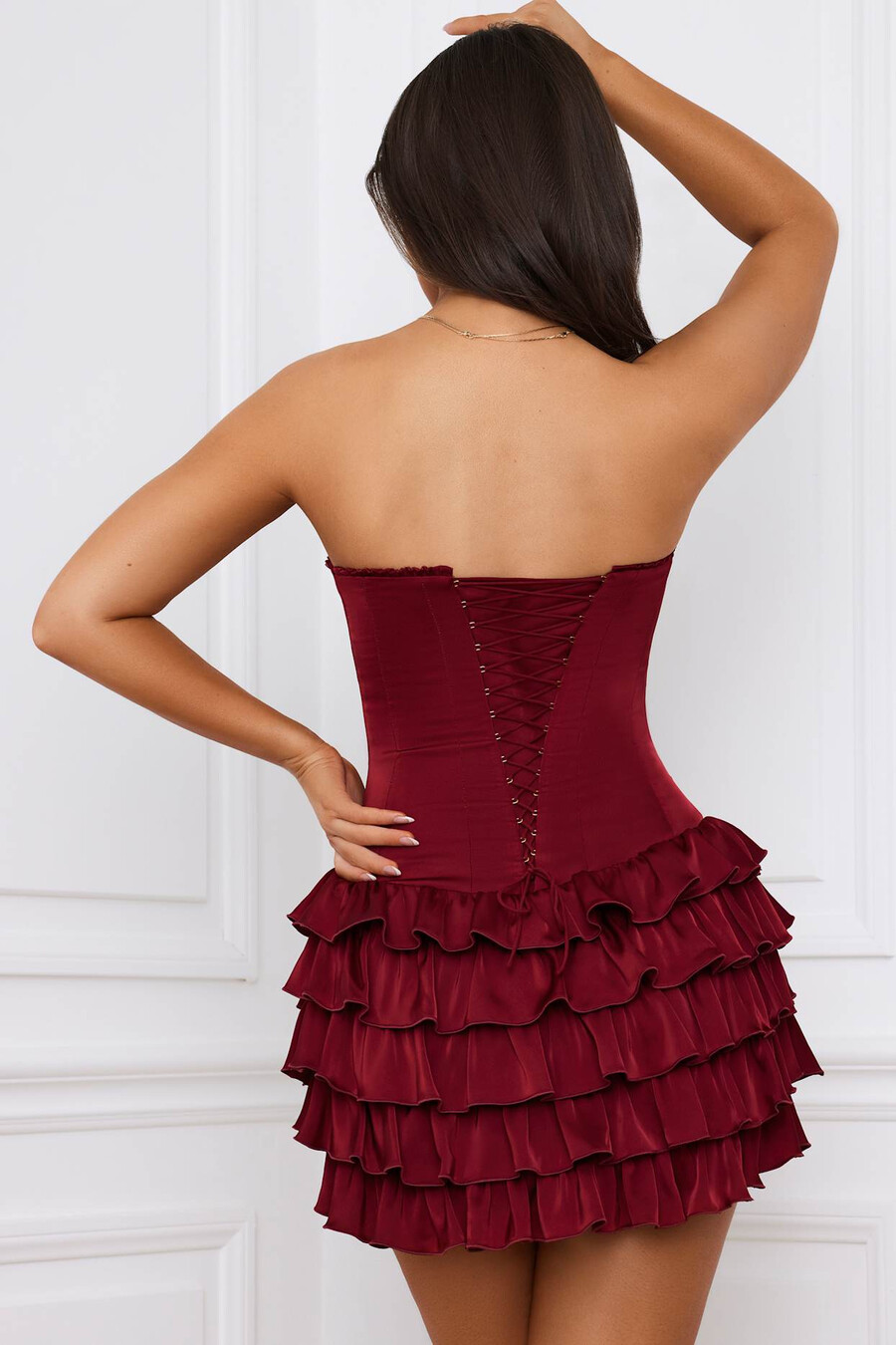 bandeau mini-jurk met ruches en gelaagde korset in bessenrood