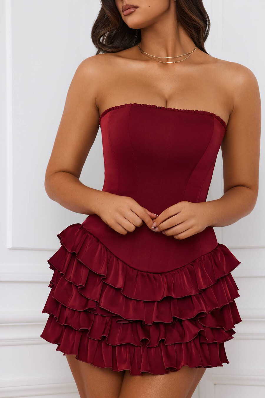 bandeau mini-jurk met ruches en gelaagde korset in bessenrood