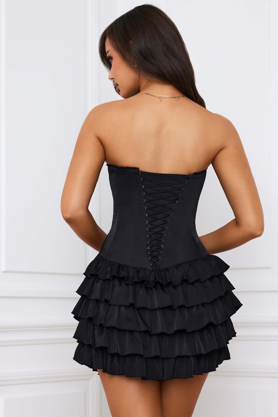 bandeau mini-jurk met ruches en gelaagde korset in zwart