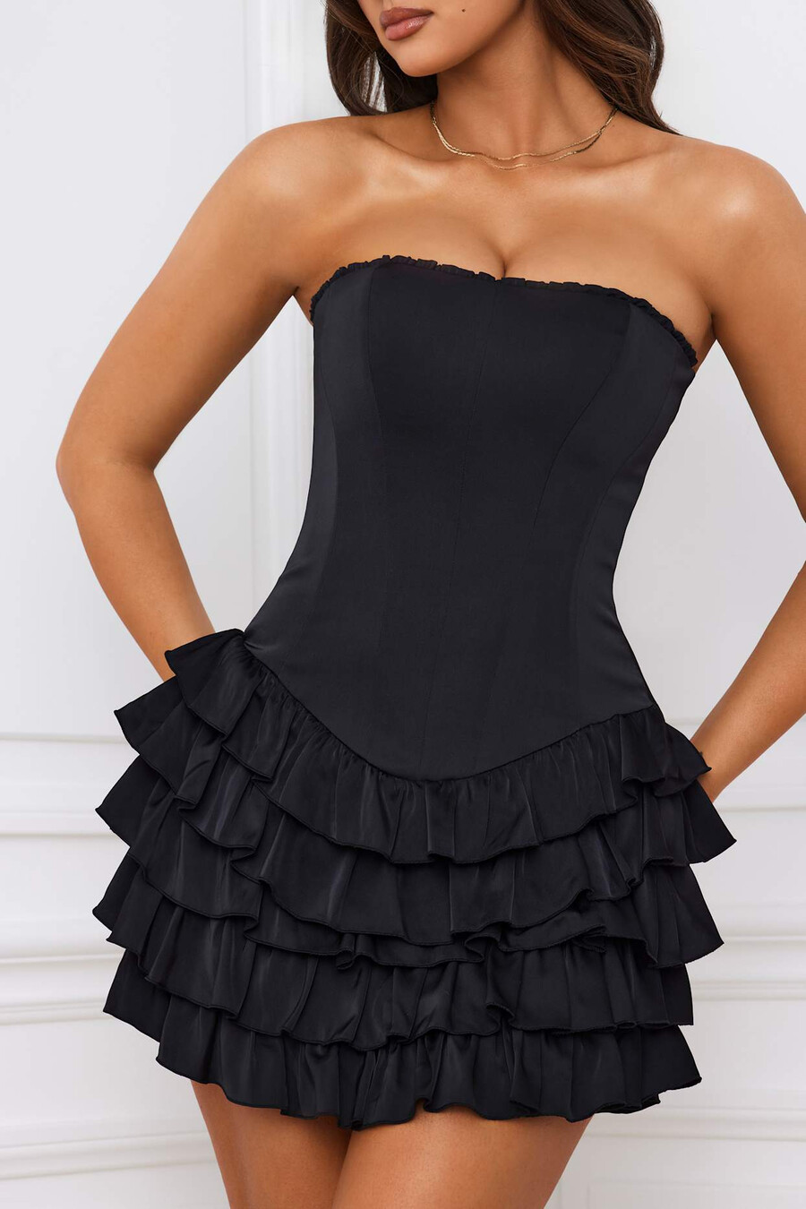 bandeau mini-jurk met ruches en gelaagde korset in zwart