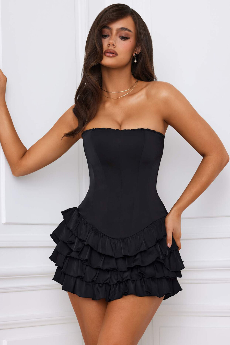 bandeau mini-jurk met ruches en gelaagde korset in zwart