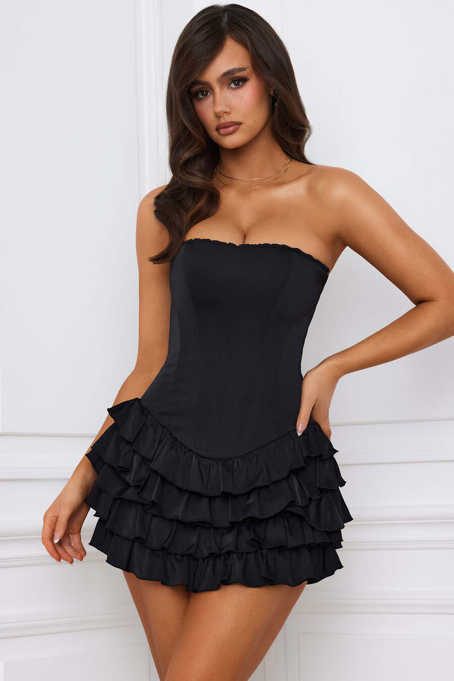 bandeau mini-jurk met ruches en gelaagde korset in zwart