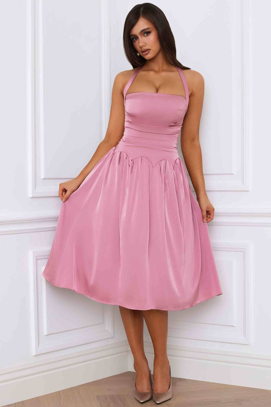 midi-jurk met halterhals en veters met ruches en korset in mauve