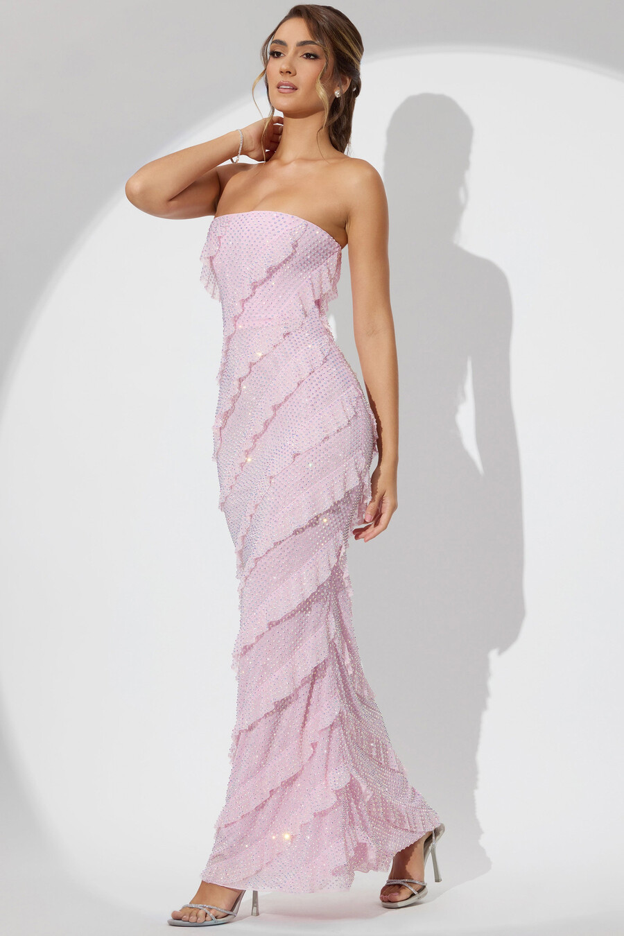 versierde strapless maxi-jurk met ruches in zachtroze