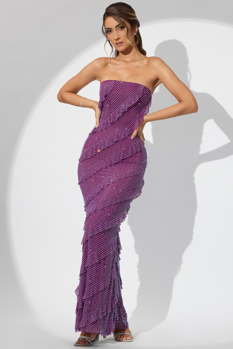 versierde strapless maxi-jurk met ruches in pruimkleur