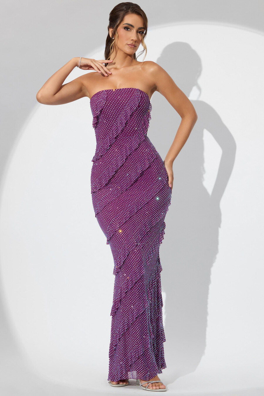 versierde strapless maxi-jurk met ruches in pruimkleur