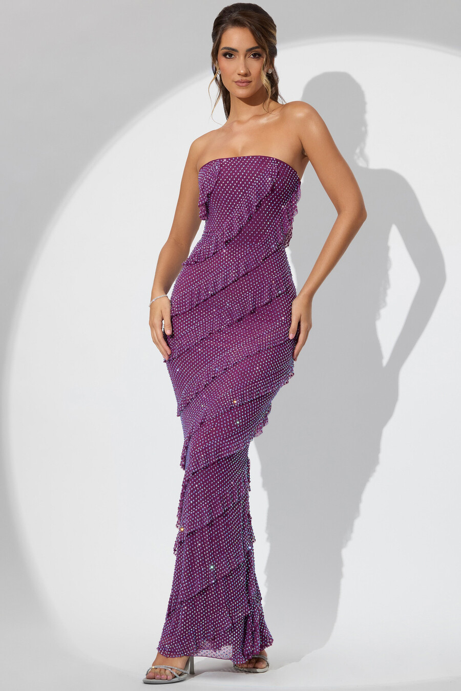 versierde strapless maxi-jurk met ruches in pruimkleur