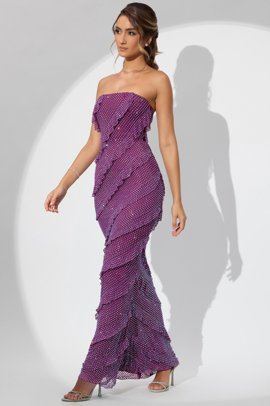 versierde strapless maxi-jurk met ruches in pruimkleur