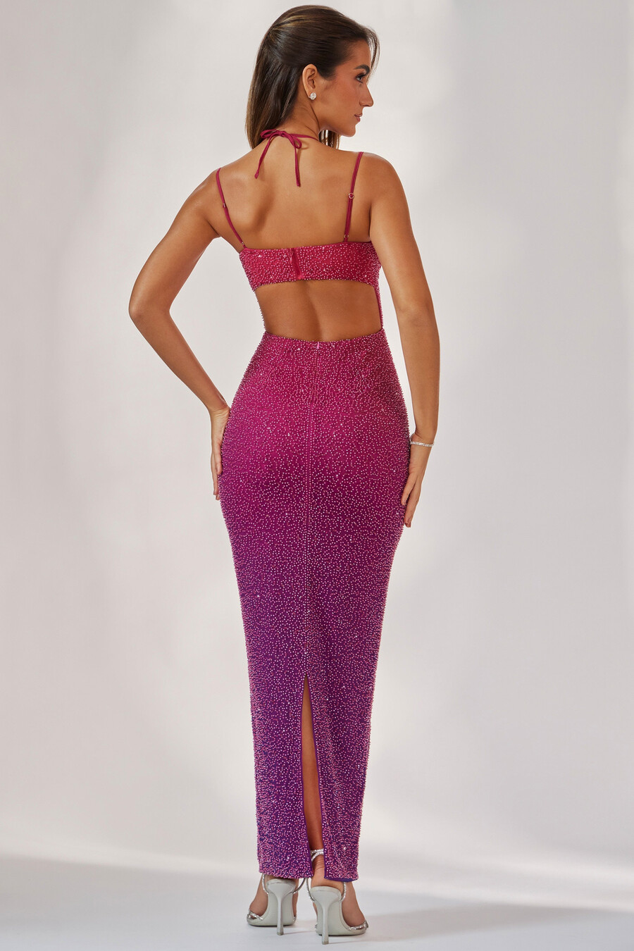 versierde maxi-jurk in rozepaarse ombré