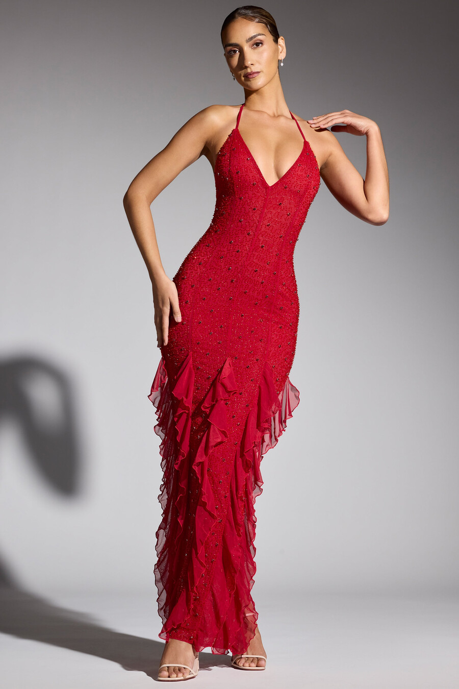 versierde maxi-jurk met halternek en ruches in rood