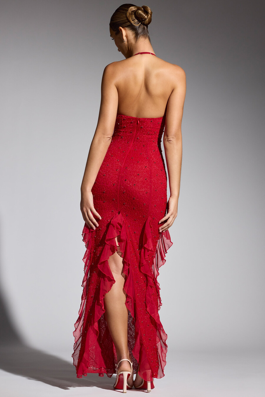 versierde maxi-jurk met halternek en ruches in rood