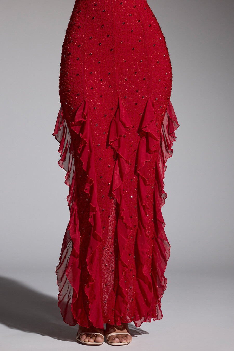versierde maxi-jurk met halternek en ruches in rood