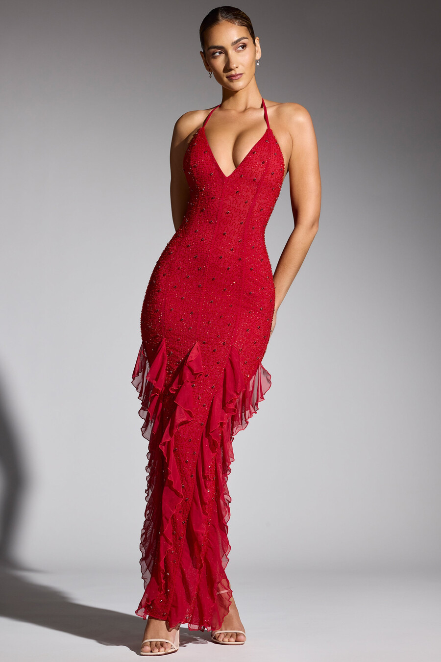 versierde maxi-jurk met halternek en ruches in rood