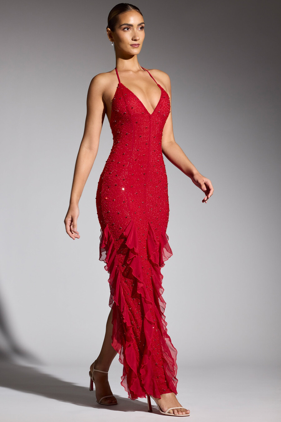 versierde maxi-jurk met halternek en ruches in rood