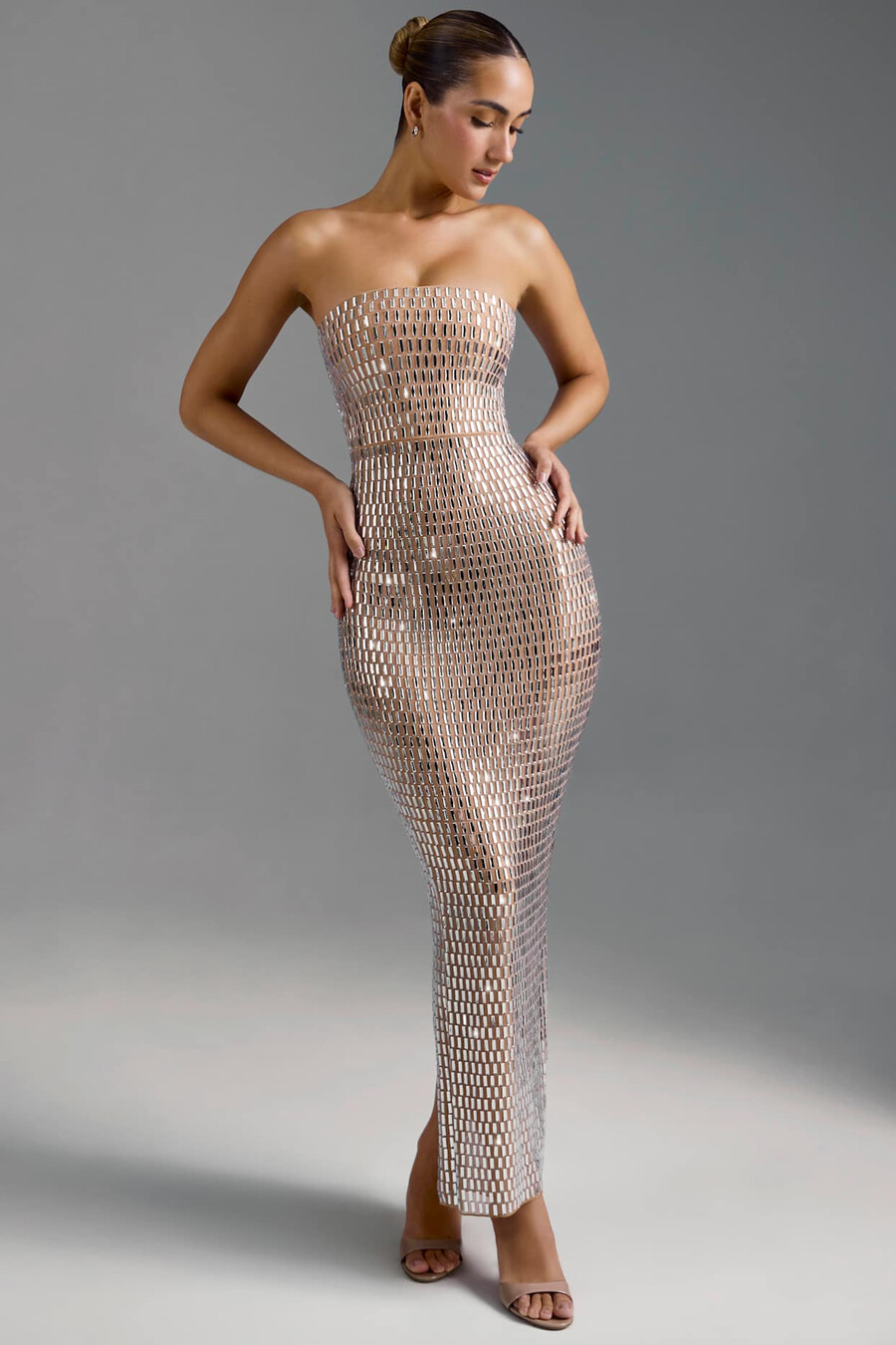versierde bandeau maxi-jurk in amandelkleur
