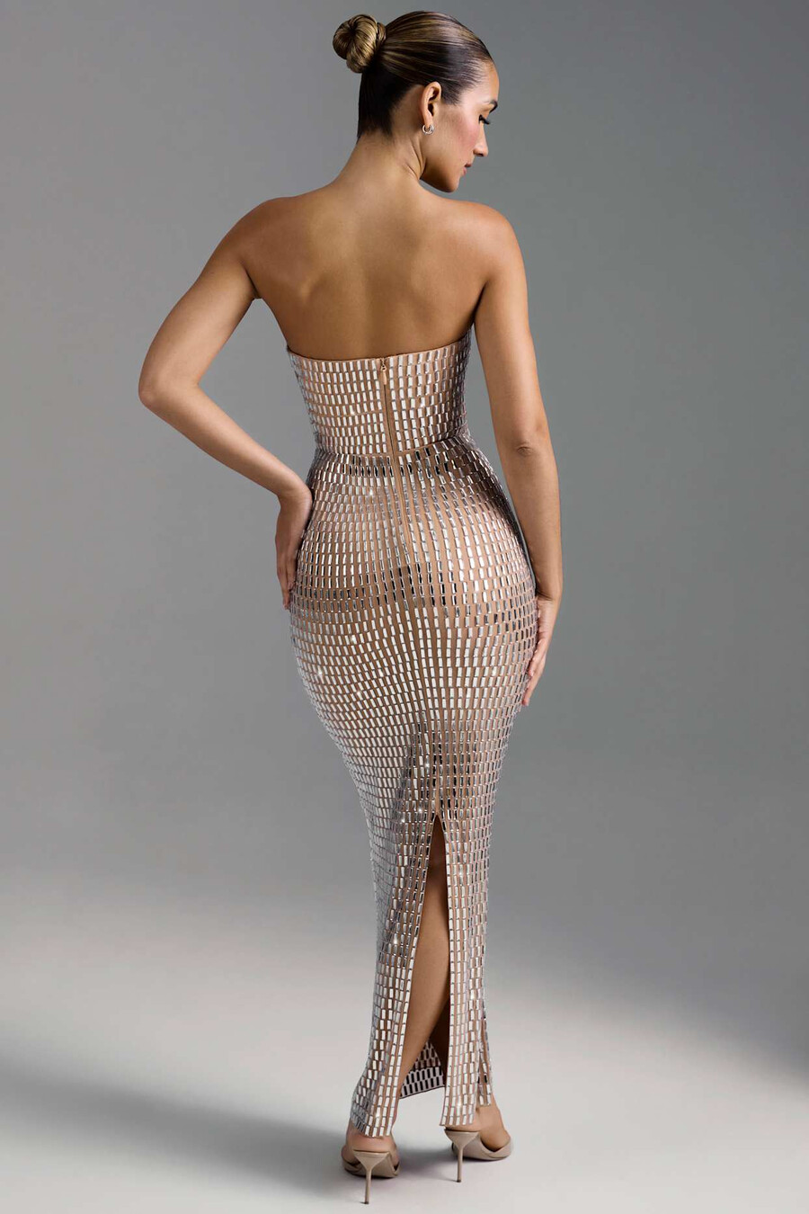 versierde bandeau maxi-jurk in amandelkleur