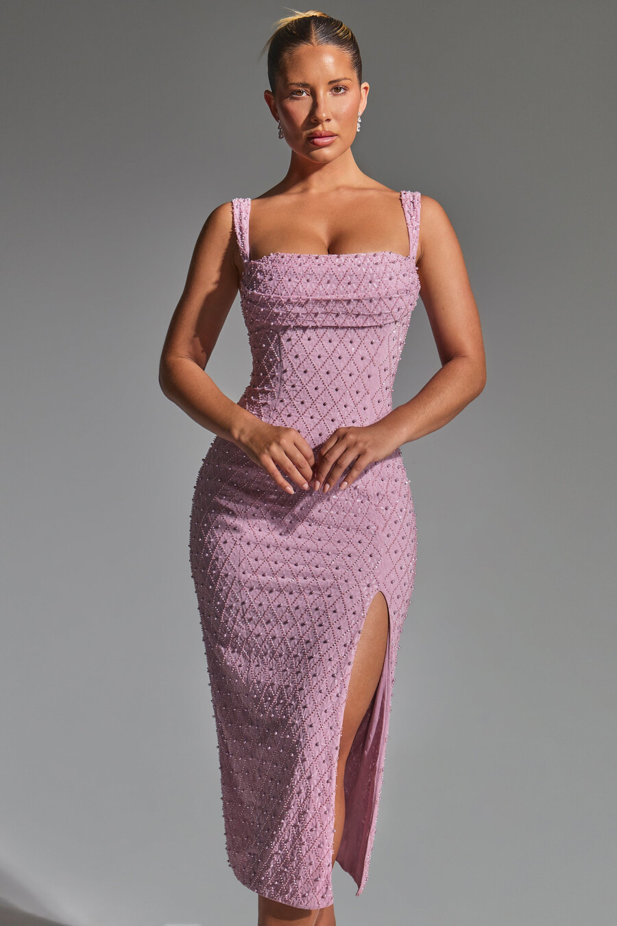 versierde midaxijurk met colkraag in mauve