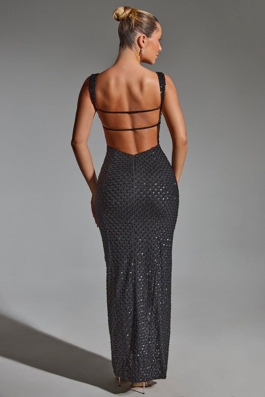 versierde maxi-jurk met open rug in zwart