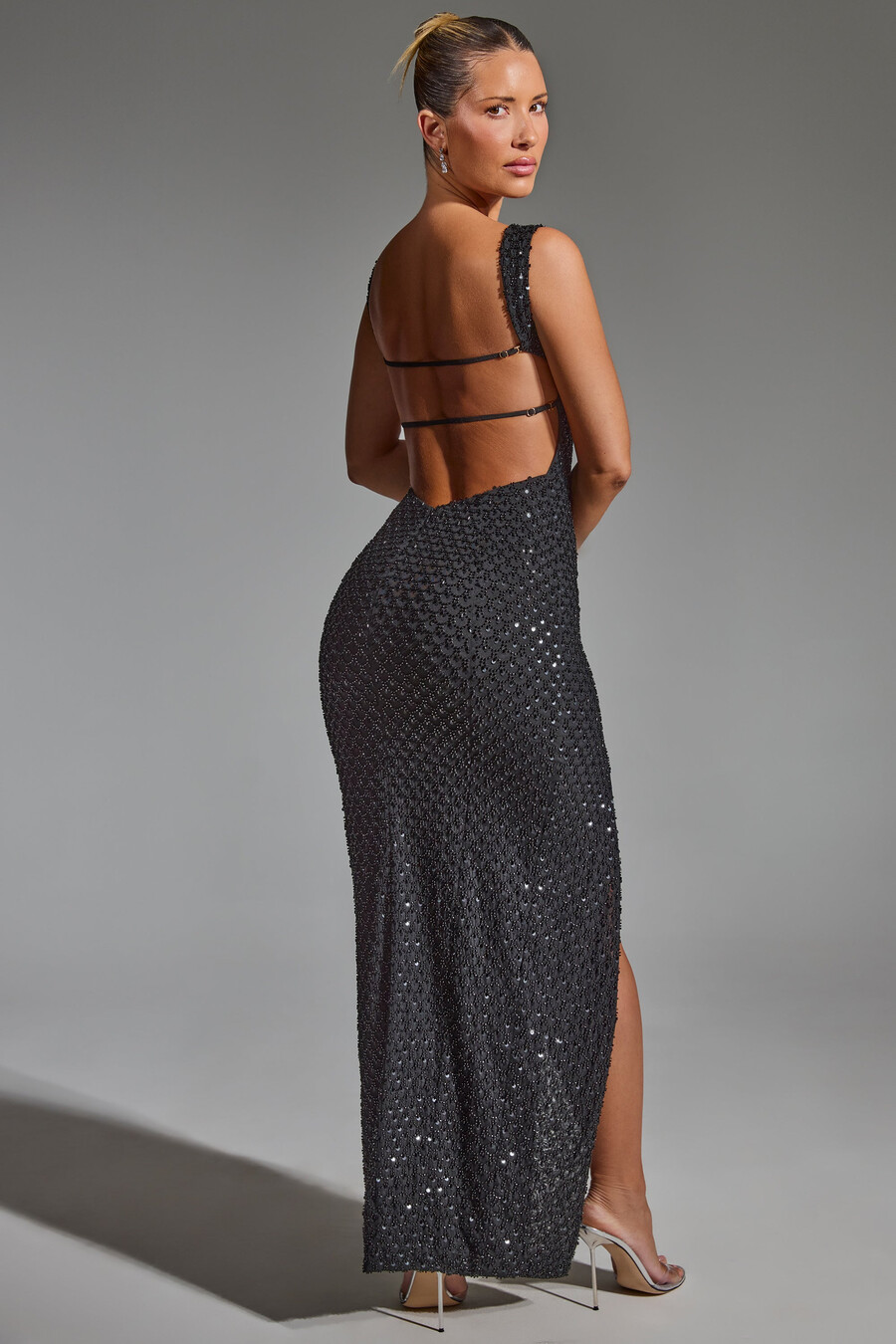 versierde maxi-jurk met open rug in zwart
