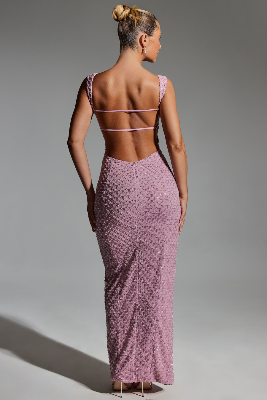 versierde maxi-jurk met open rug in mauve