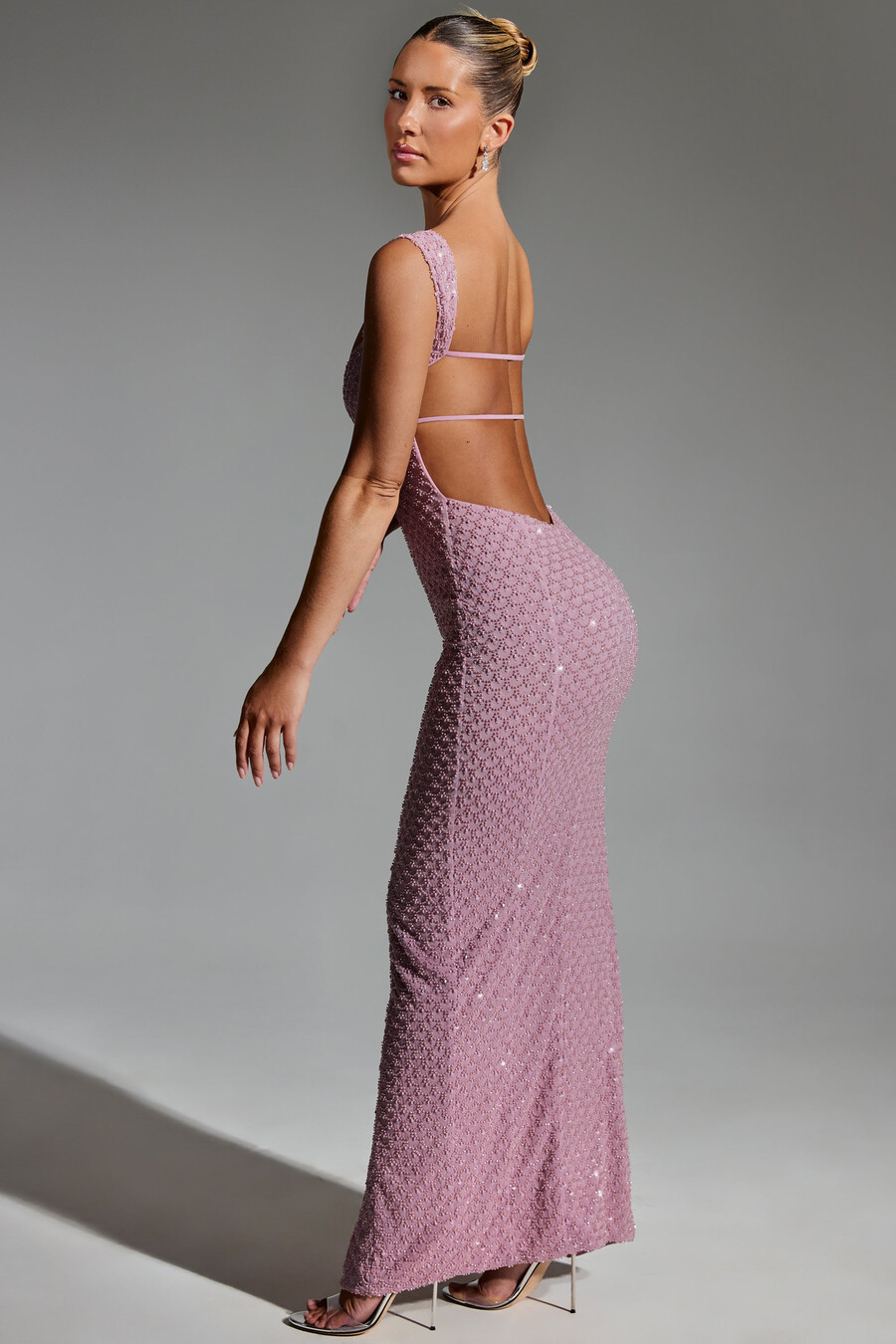 versierde maxi-jurk met open rug in mauve