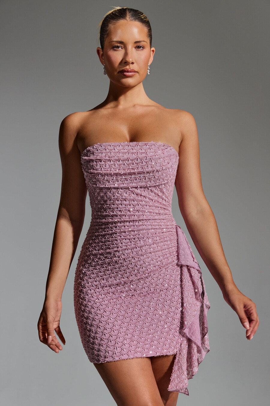 versierde mini-jurk met ruches en watervalhals in mauve