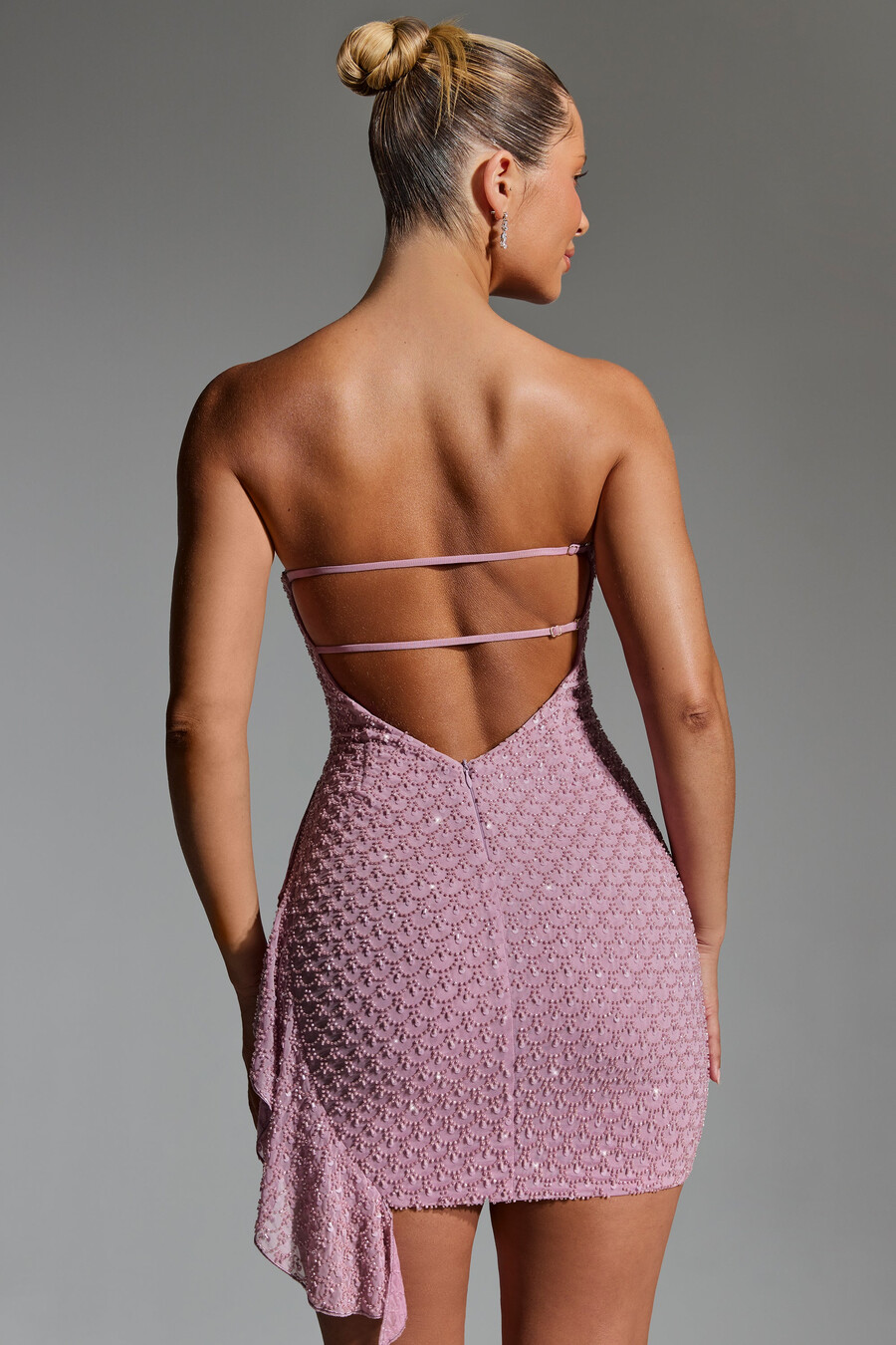 versierde mini-jurk met ruches en watervalhals in mauve