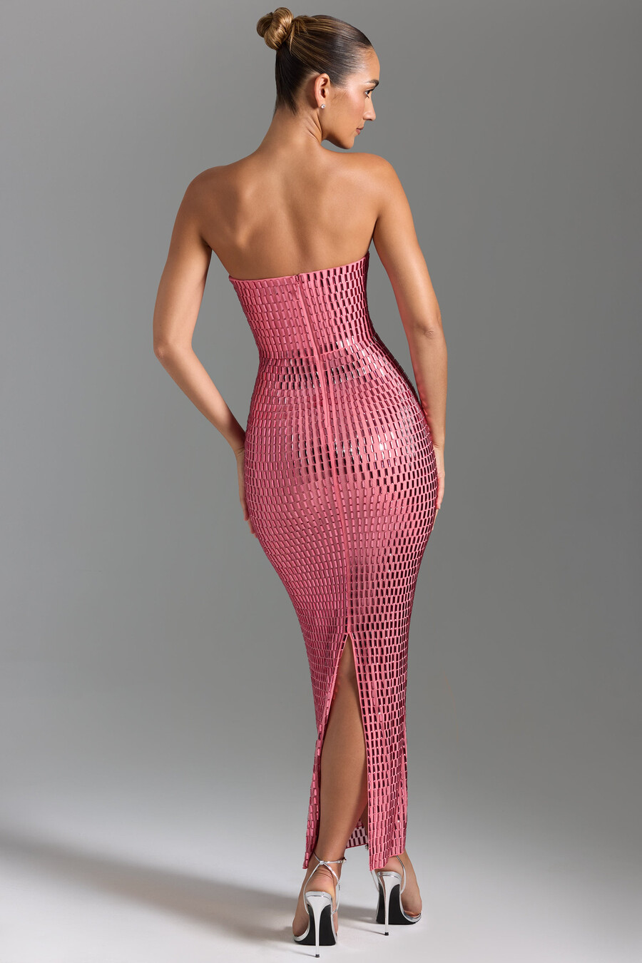versierde bandeau maxi-jurk in watermeloenkleur