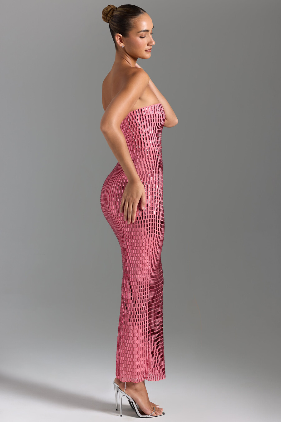 versierde bandeau maxi-jurk in watermeloenkleur