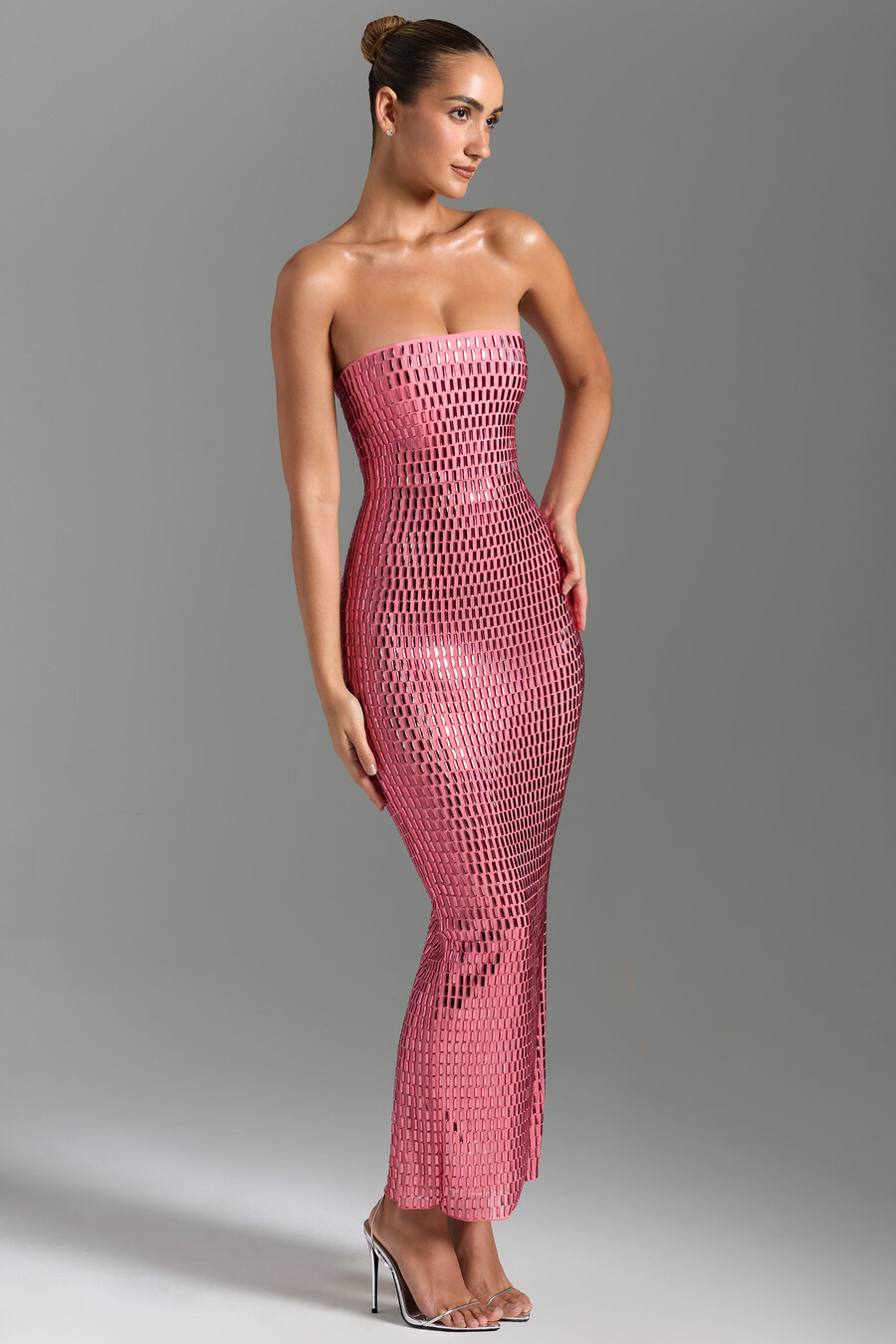 versierde bandeau maxi-jurk in watermeloenkleur