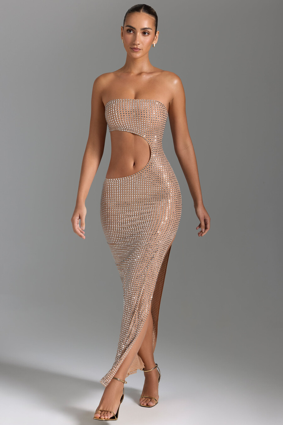 versierde maxi-jurk met uitsnijdingen en bandeau-design in honingkleur