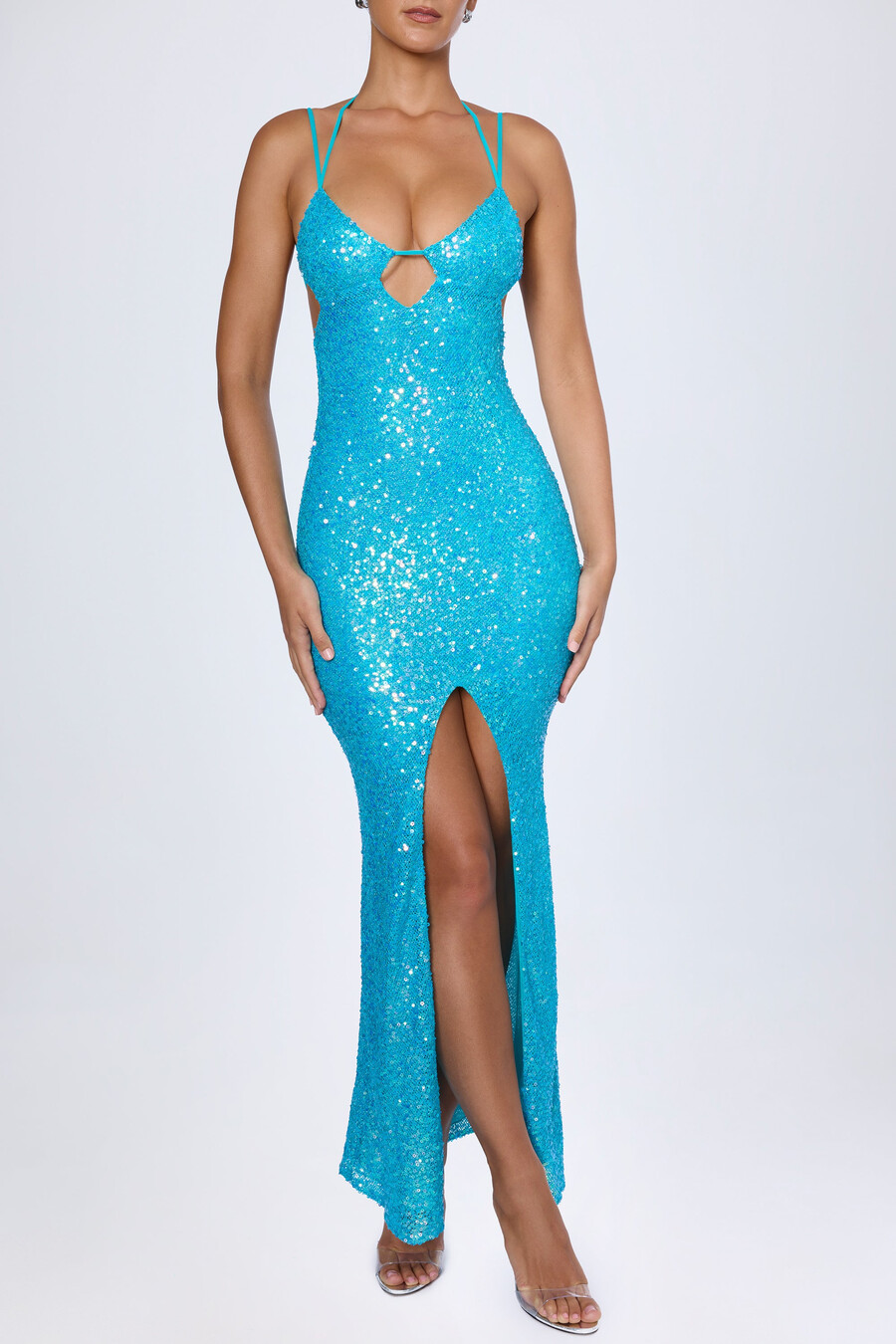 versierde maxi-jurk met halternek en uitsnijdingen in turquoise