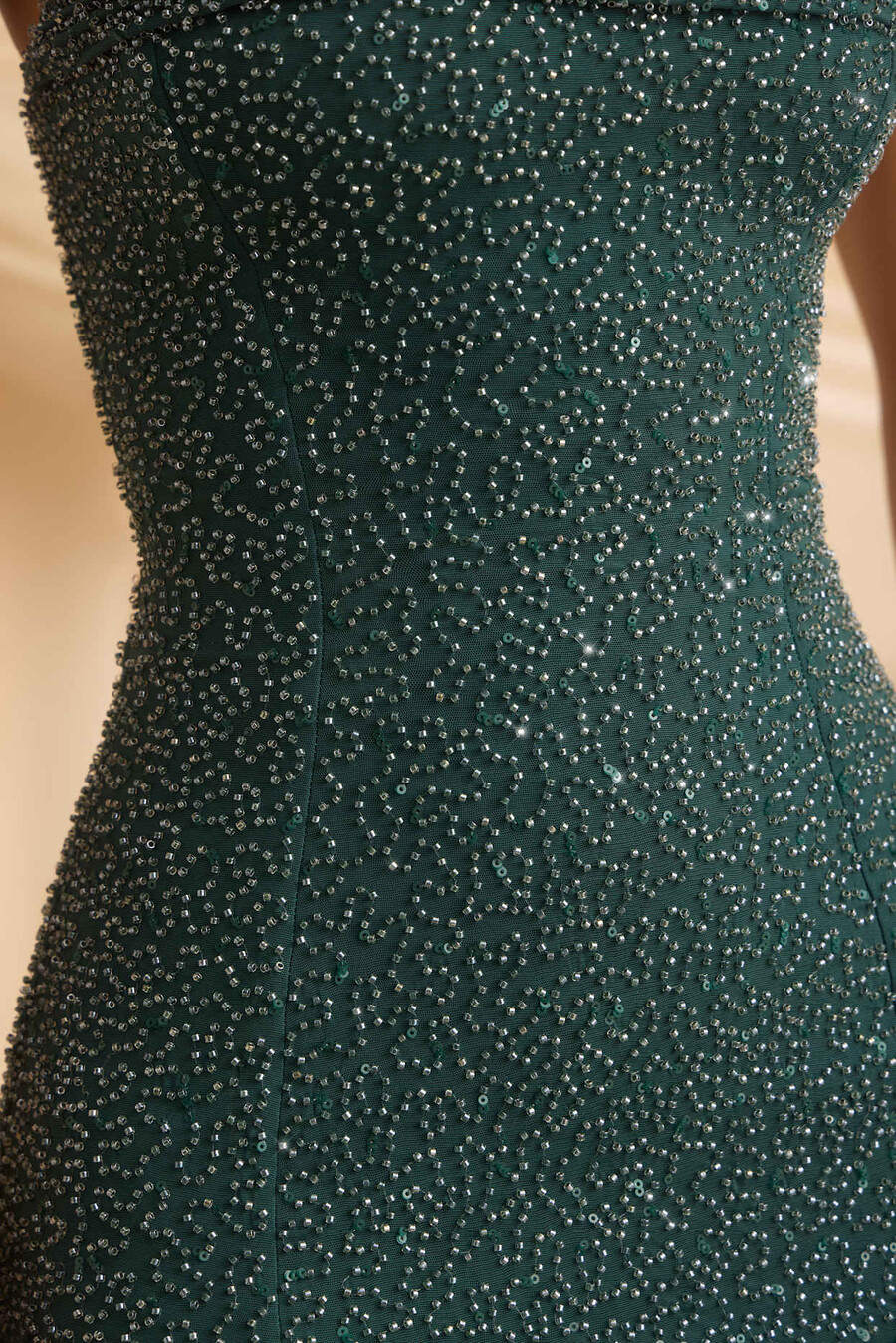 versierde strapless maxi-jurk met watervalhals in smaragdgroen