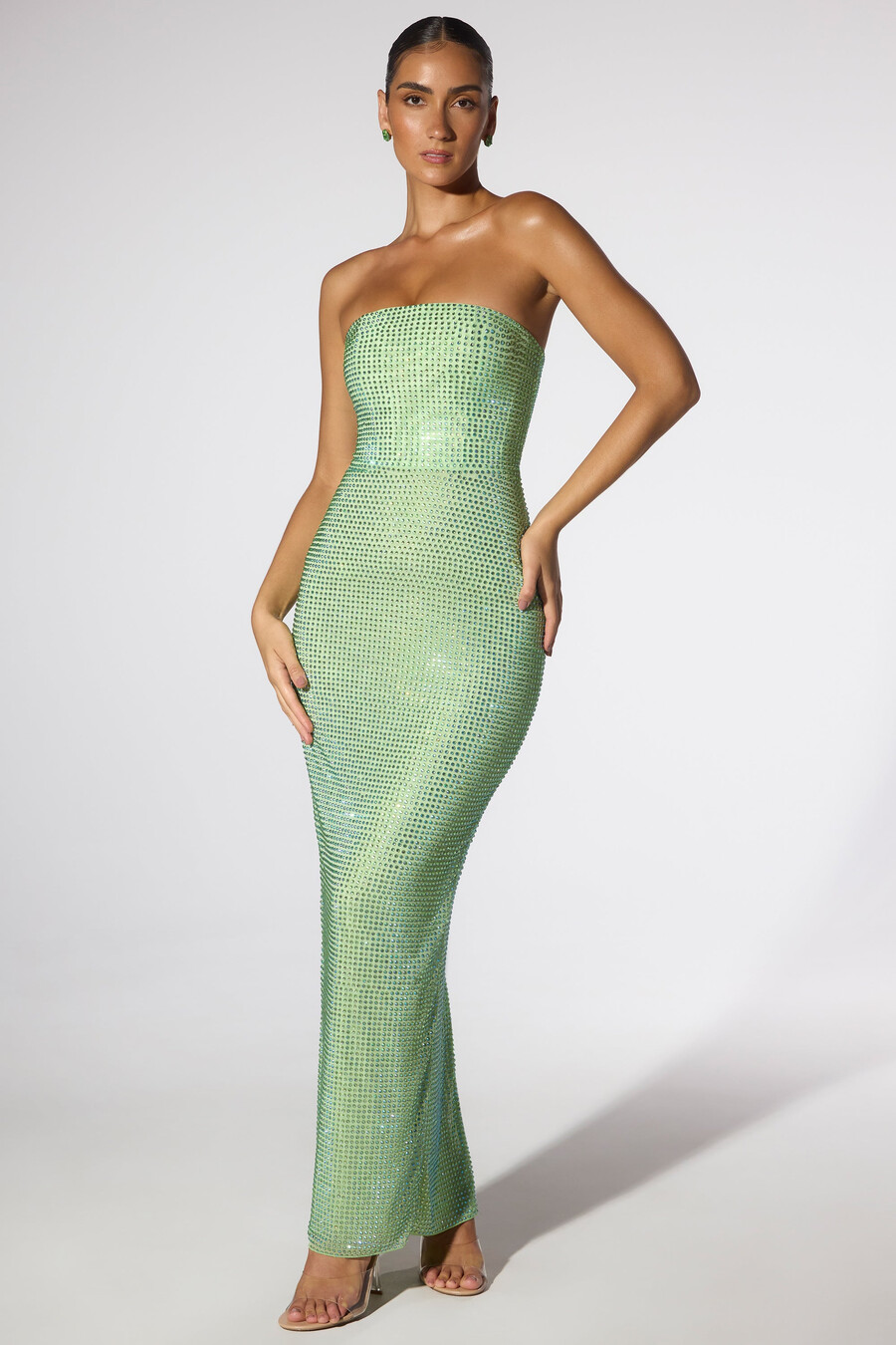 versierde strapless avondjurk in saliegroen