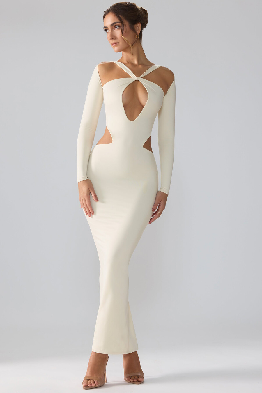 premium jersey maxi-jurk met lange mouwen en uitsnijdingen in ivoor