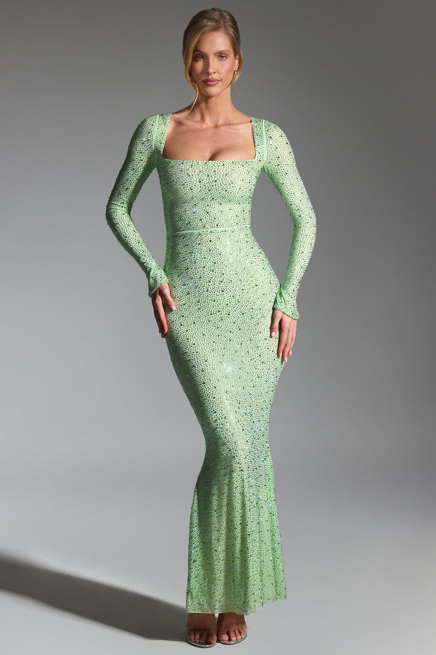 versierde fishtail maxi-jurk in pistachekleur