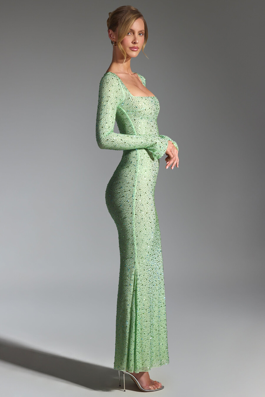 versierde fishtail maxi-jurk in pistachekleur