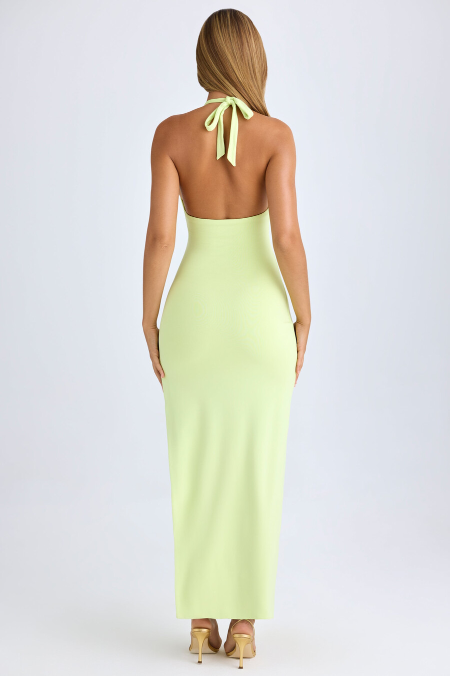 modal maxi-jurk met hoge split en halternek in matcha groen