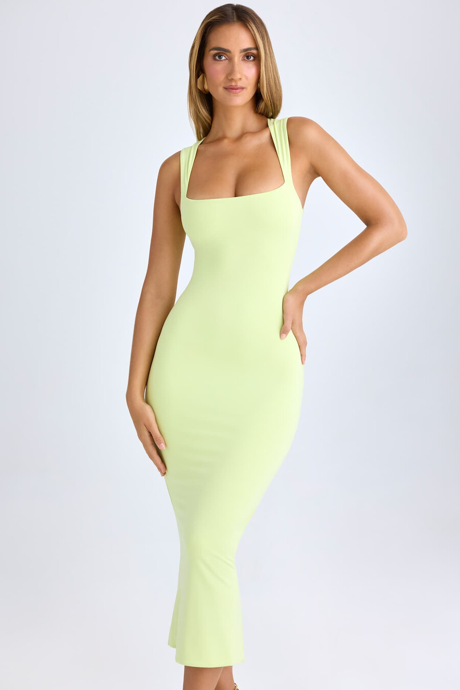 modal midi-jurk met vierkante halslijn in matcha groen