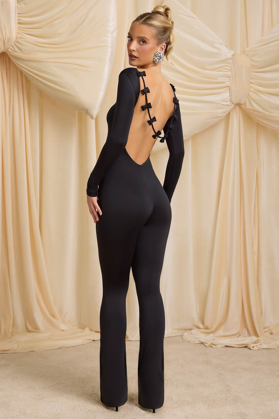 petite slinky jersey jumpsuit met strikdetail in zwart