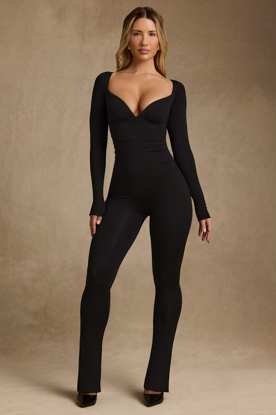 modal jumpsuit met lange mouwen en plooien in zwart