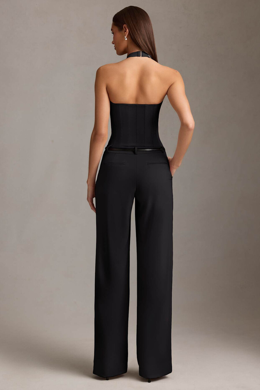 jumpsuit met halternek en korsetdetails in zwart