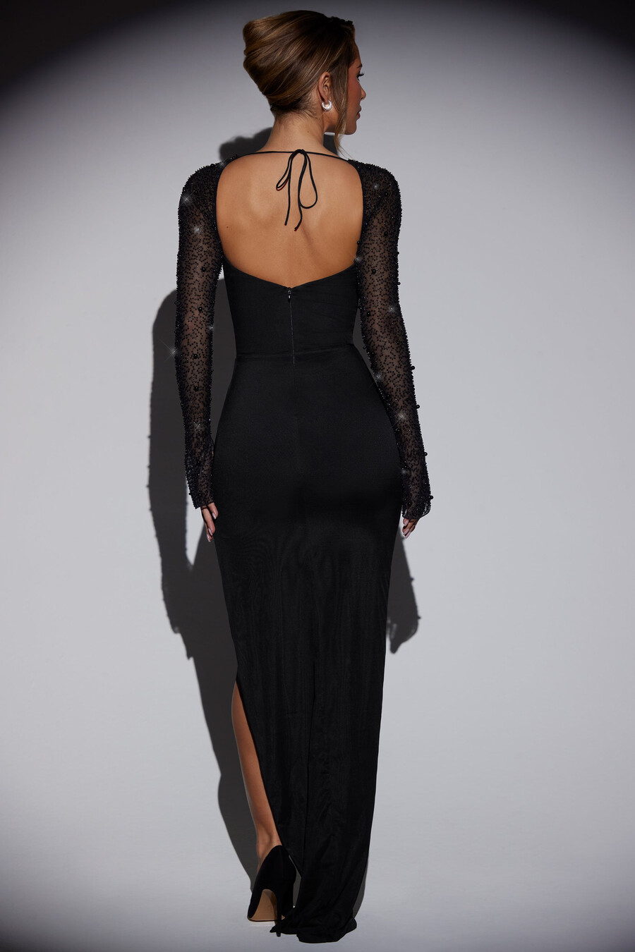 versierde maxi-jurk met zijsplit in zwart
