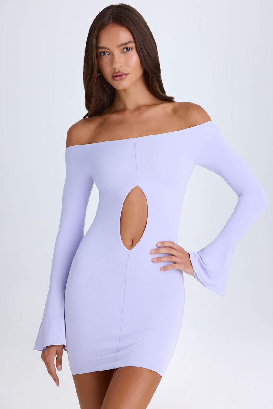 off-shoulder mini-jurk met uitsnijdingen in zacht lila