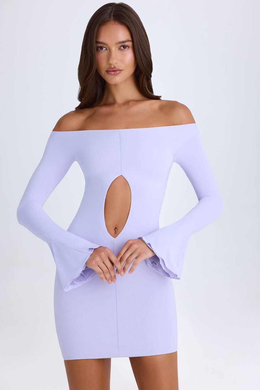 off-shoulder mini-jurk met uitsnijdingen in zacht lila
