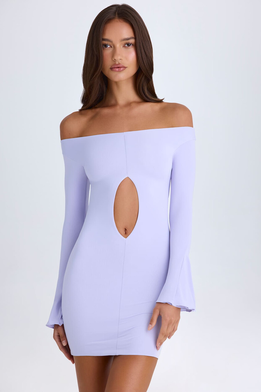off-shoulder mini-jurk met uitsnijdingen in zacht lila