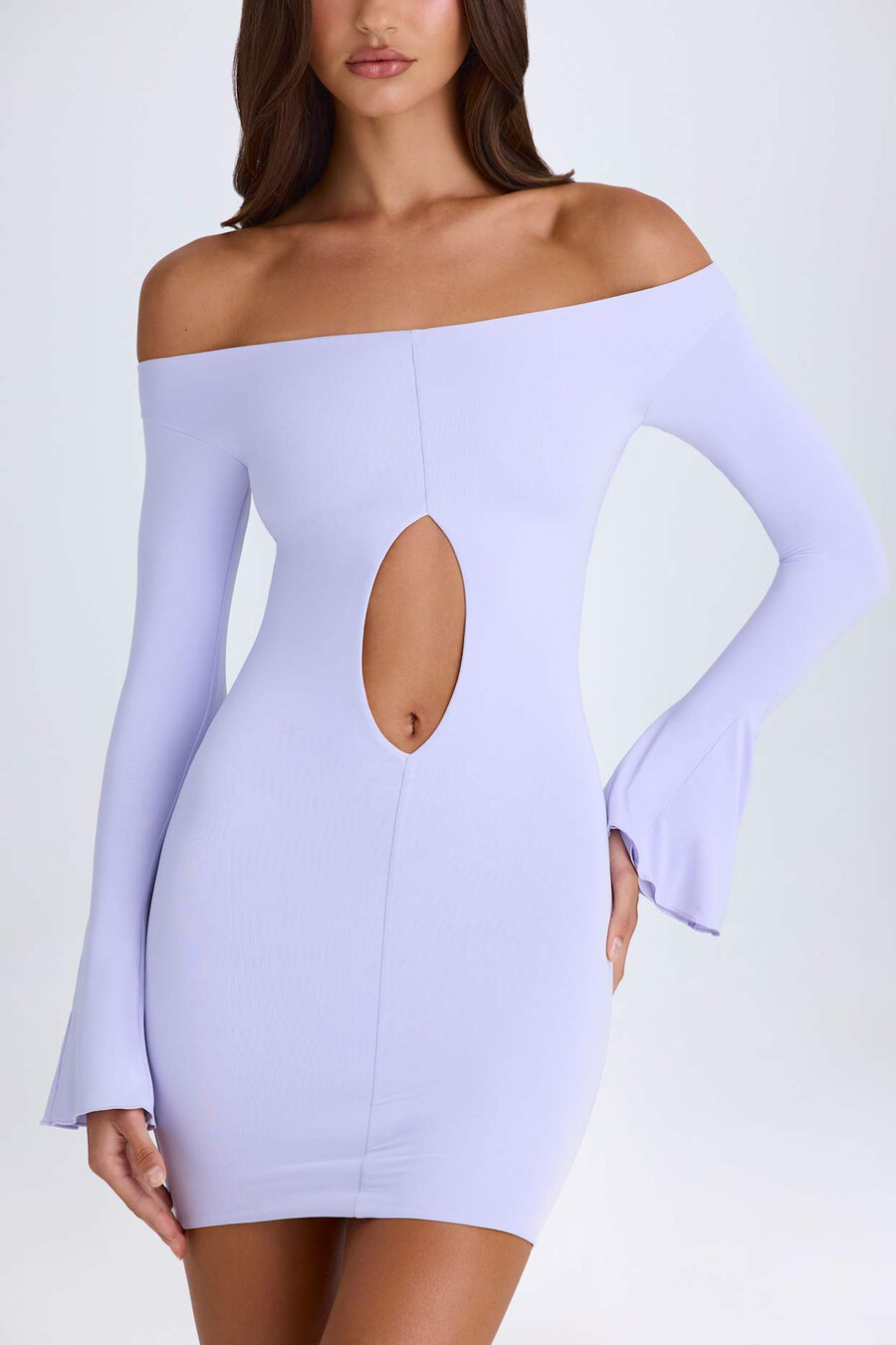 off-shoulder mini-jurk met uitsnijdingen in zacht lila