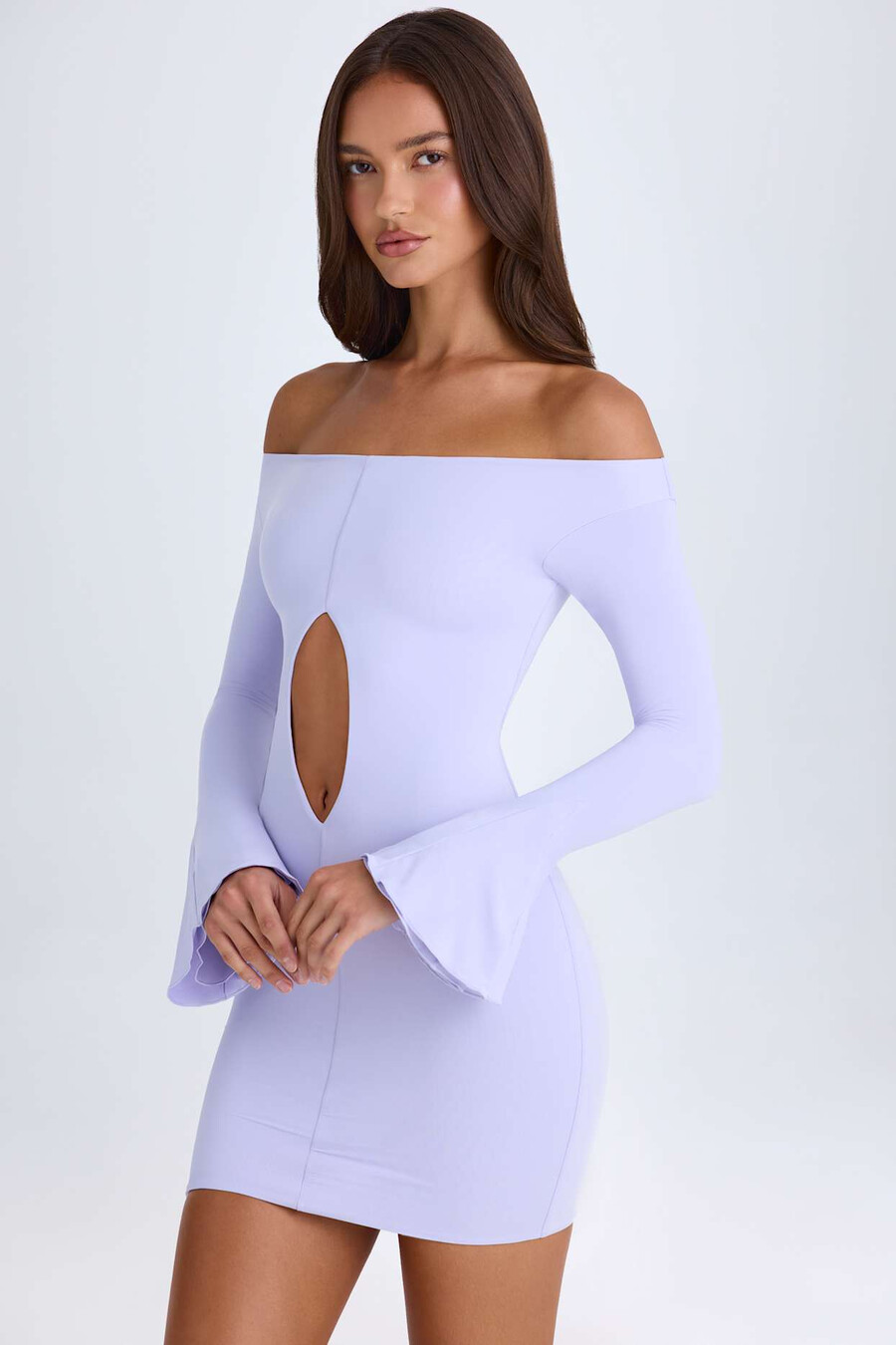 off-shoulder mini-jurk met uitsnijdingen in zacht lila