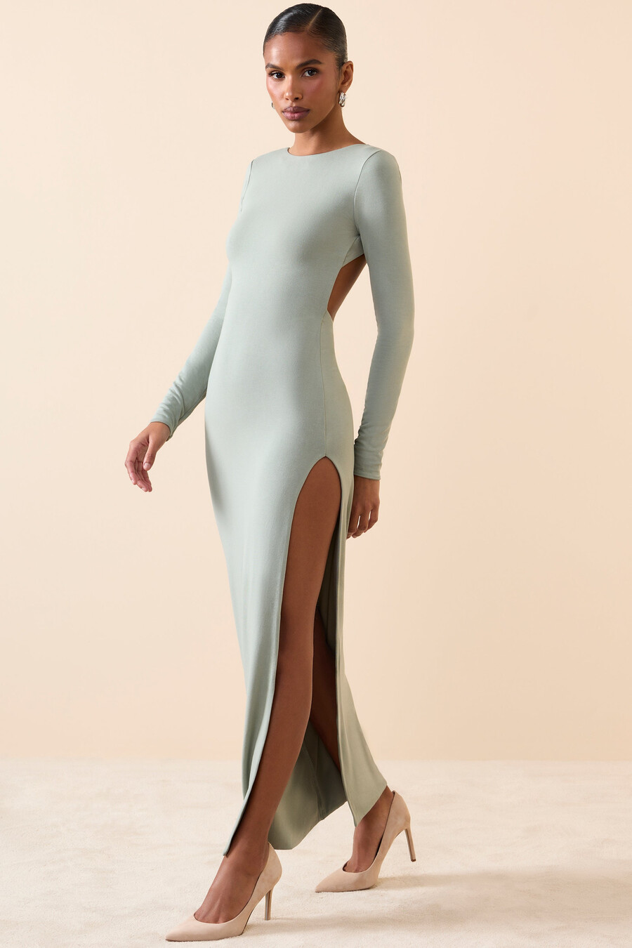 modal maxi-jurk met open rug en lange mouwen in rookgroen